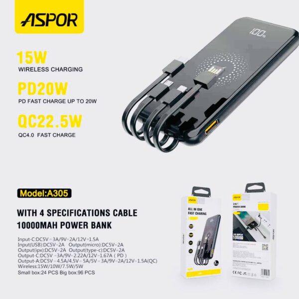 پاوربانک آسپور 10000 مدل 22.5W A305
